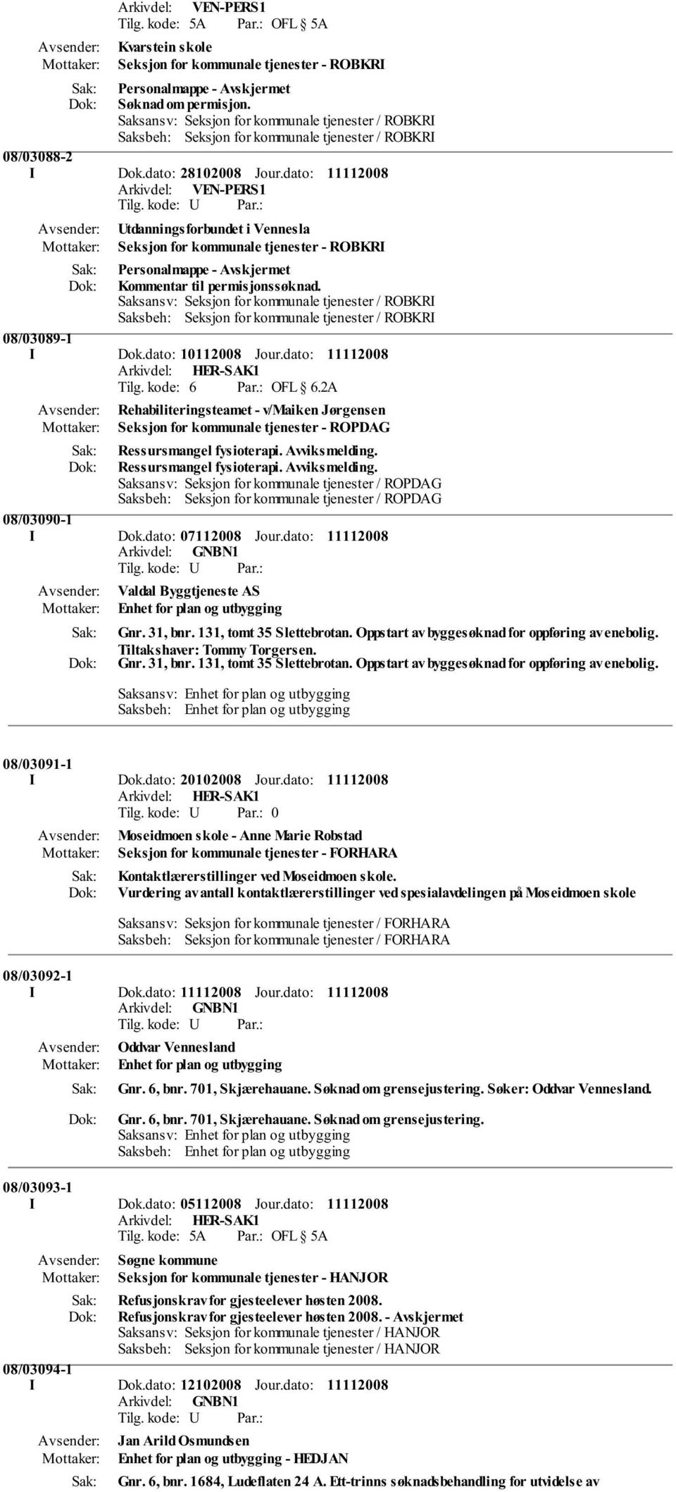 Saksbeh: Seksjon for kommunale tjenester / ROBKRI 08/03089-1 I Dok.dato: 10112008 Jour.dato: Tilg. kode: 6 Par.: OFL 6.