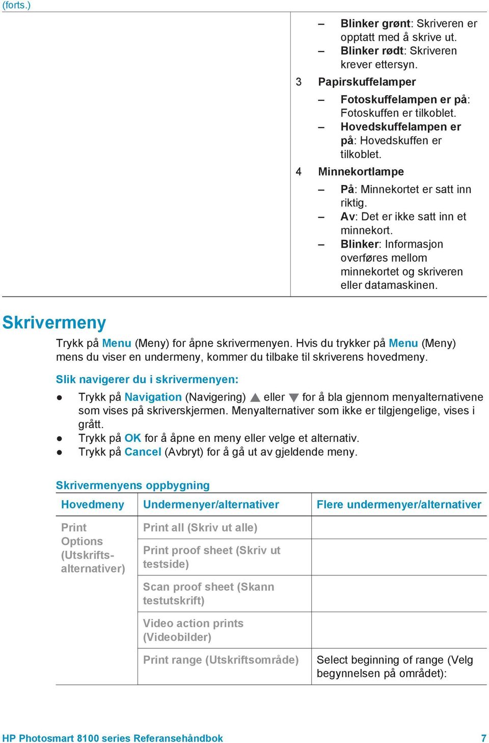 Blinker: Informasjon overføres mellom minnekortet og skriveren eller datamaskinen. Skrivermeny Trykk på Menu (Meny) for åpne skrivermenyen.