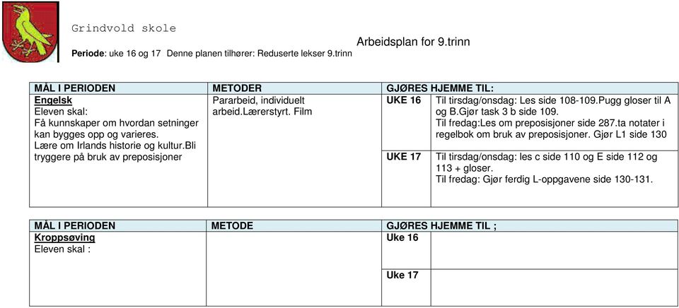 bli tryggere på bruk av preposisjoner UKE 17 Til tirsdag/onsdag: Les side 108-109.Pugg gloser til A og B.Gjør task 3 b side 109.