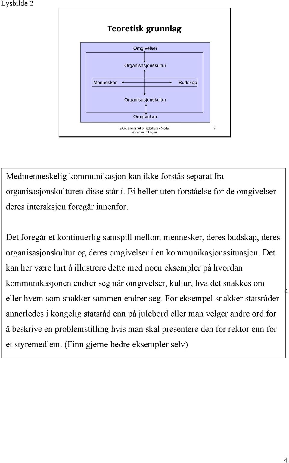 Det foregår et kontinuerlig samspill mellom mennesker, deres budskap, deres organisasjonskultur og deres omgivelser i en kommunikasjonssituasjon.