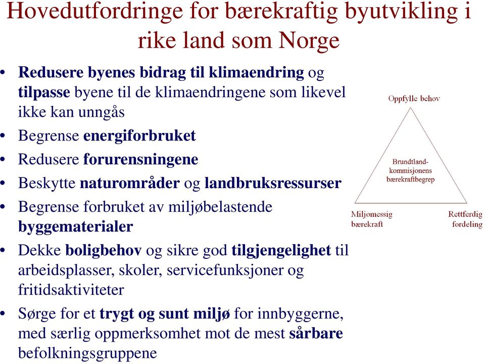 Begrense forbruket av miljøbelastende byggematerialer Dekke boligbehov og sikre god tilgjengelighet til arbeidsplasser, skoler,