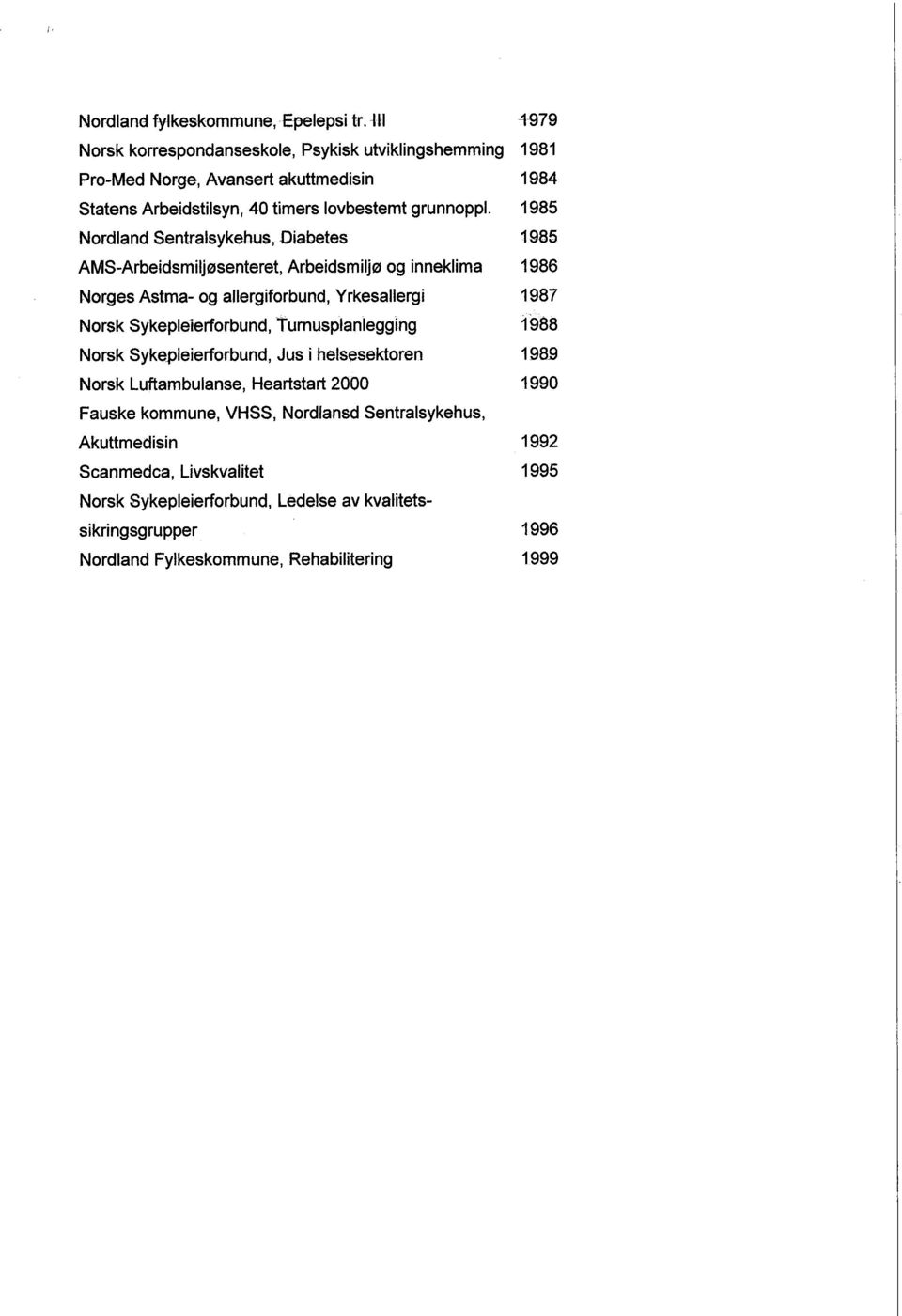 1985 Nordland Sentralsykehus, Diabetes 1985 AMS-Arbeidsmiljøsenteret, Arbeidsmiljø og inneklima 1986 Norges Astma- og allergiforbund, Yrkesallergi 1987 Norsk