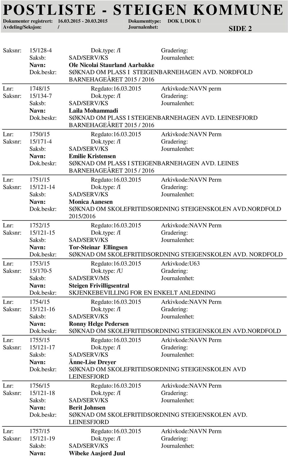 2015 Arkivkode:NAVN Perm Saksnr: 15/171-4 Dok.type: /I Gradering: Emilie Kristensen SØKNAD OM PLASS I STEIGENBARNEHAGEN AVD. LEINES Lnr: 1751/15 Regdato:16.03.
