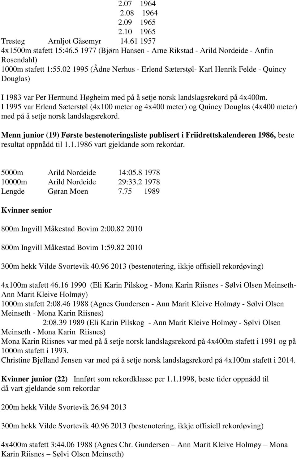 I 1995 var Erlend Sæterstøl (4x100 meter og 4x400 meter) og Quincy Douglas (4x400 meter) med på å setje norsk landslagsrekord.