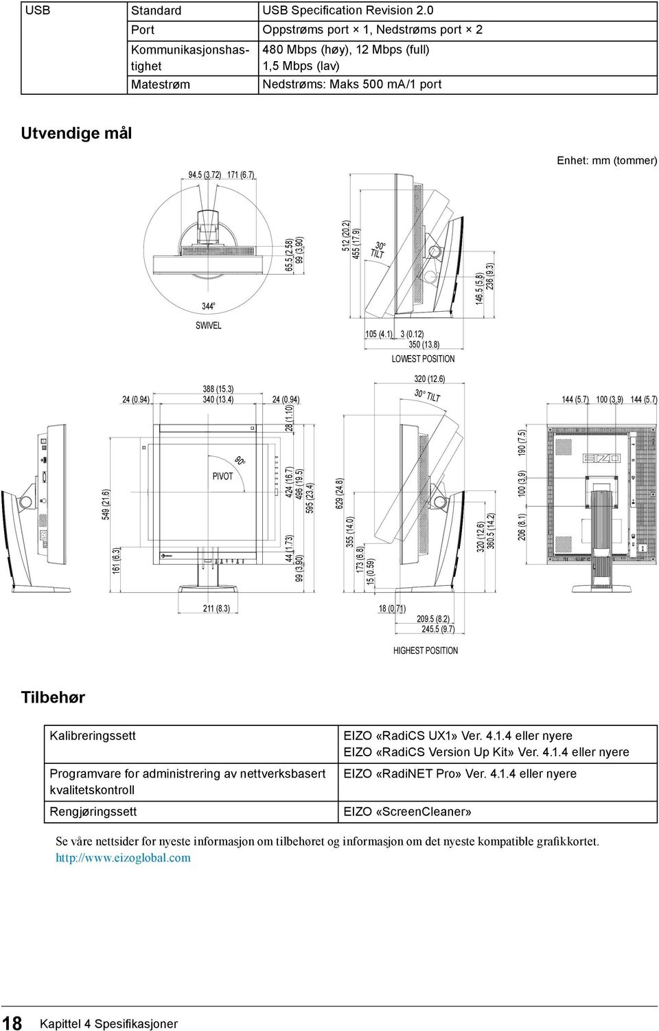 7) Enhet: mm (tommer) 344 65.5 (2.58) 99 (3.90) 512 (20.2) 455 (17.9) 30 TILT 146.5 (5.8) 236 (9.3) SWIVEL 105 (4.1) 3 (0.12) 350 (13.8) LOWEST POSITION 388 (15.3) 24 (0.94) 340 (13.4) 24 (0.