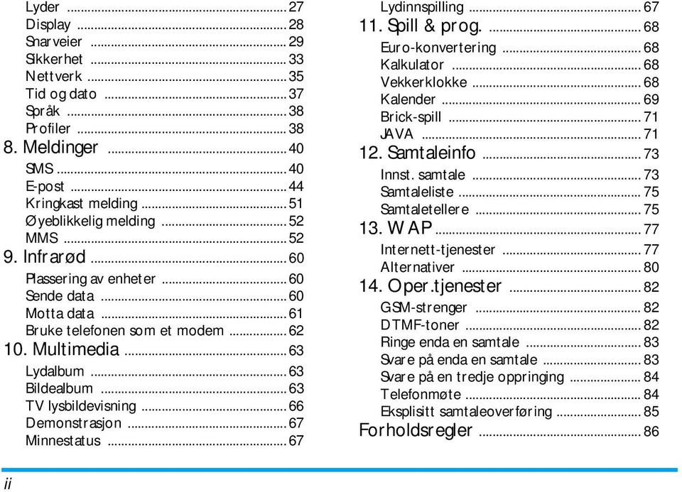 .. 63 Bildealbum... 63 TV lysbildevisning... 66 Demonstrasjon... 67 Minnestatus... 67 Lydinnspilling... 67 11. Spill & prog.... 68 Euro-konvertering... 68 Kalkulator... 68 Vekkerklokke... 68 Kalender.