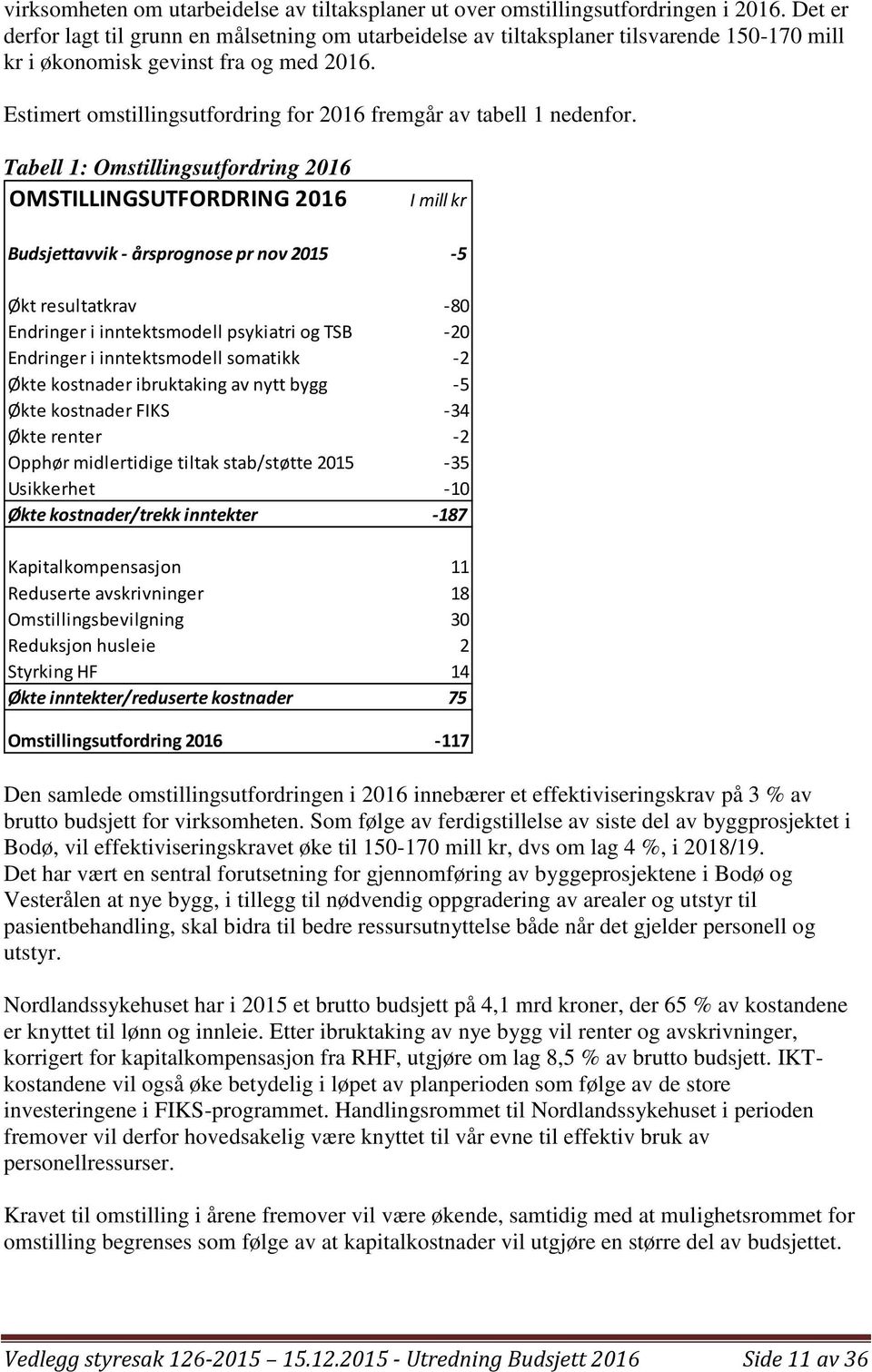 Estimert omstillingsutfordring for 2016 fremgår av tabell 1 nedenfor.