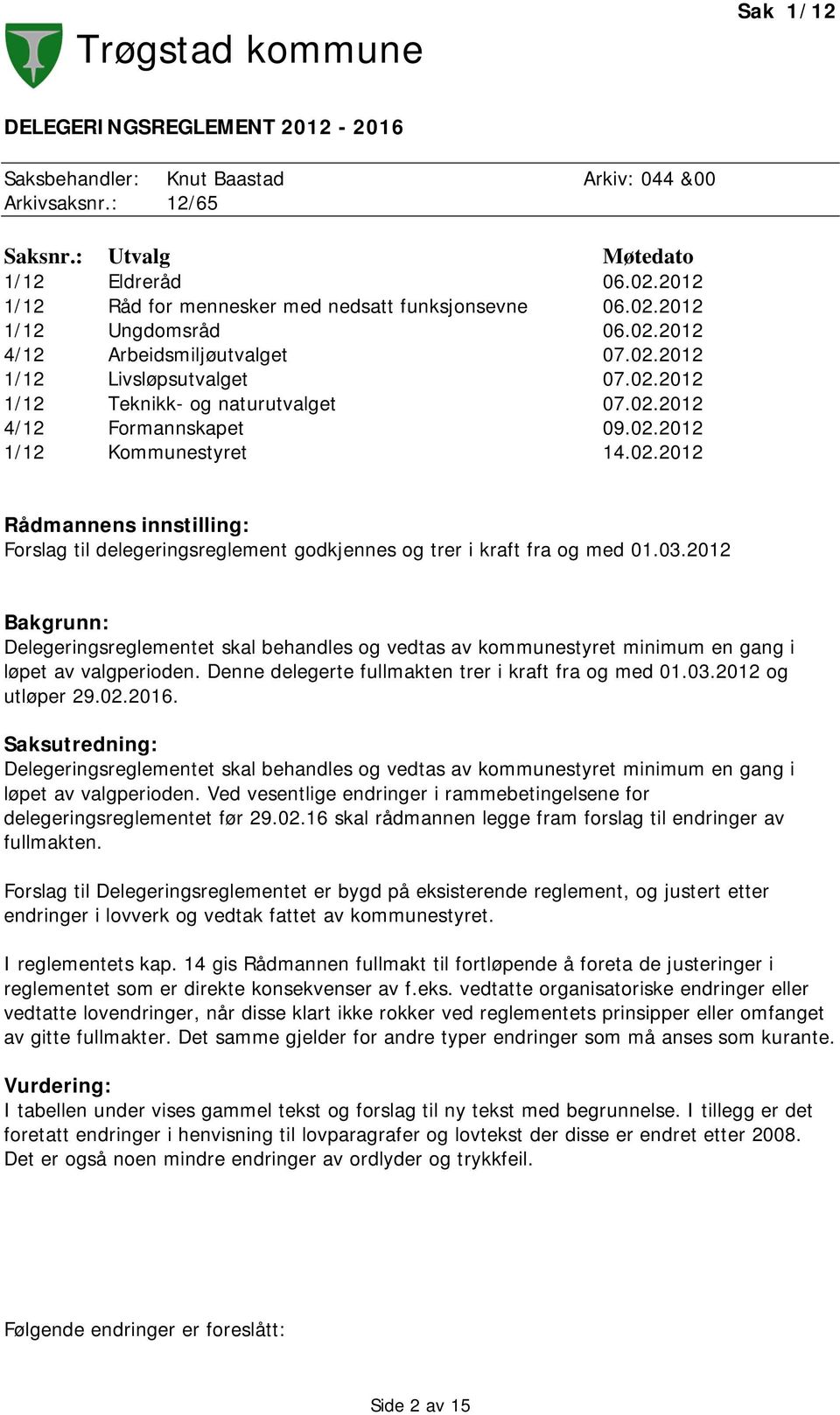 02.2012 1/12 Kommunestyret 14.02.2012 Rådmannens innstilling: Forslag til delegeringsreglement godkjennes og trer i kraft fra og med 01.03.