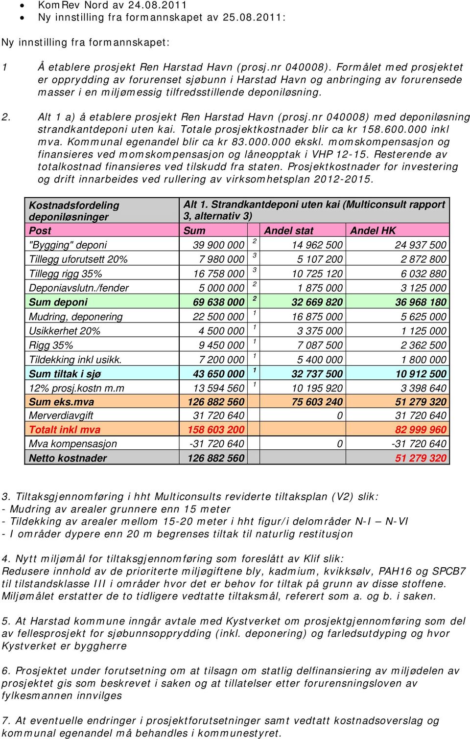 Alt a) å etablere prosjekt Ren Harstad Havn (prosj.nr 040008) med deponiløsning strandkantdeponi uten kai. Totale prosjektkostnader blir ca kr 58.600.000 inkl mva. Kommunal egenandel blir ca kr 83.