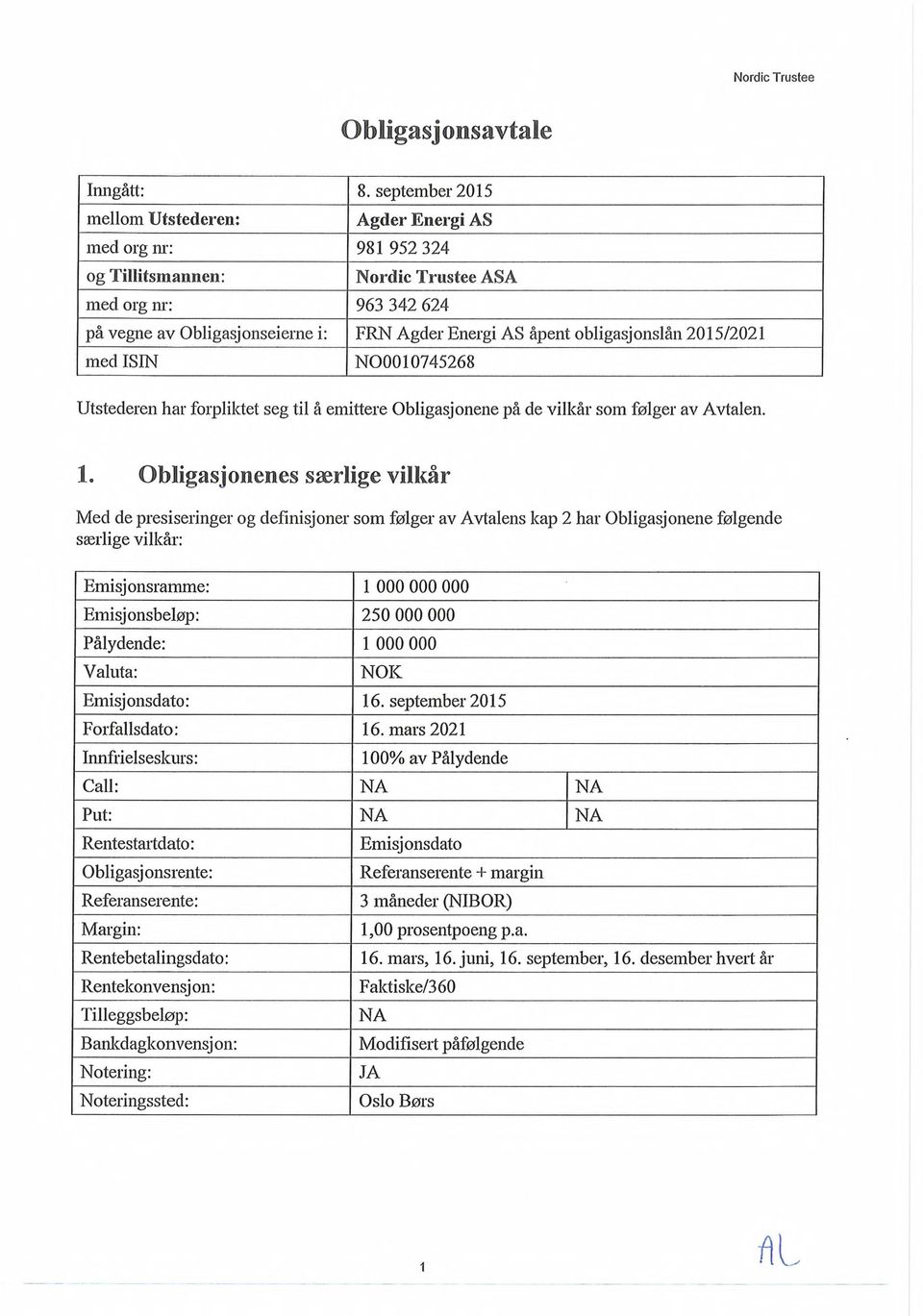 obligasjonslån 201512021 med ISIN NOOOI0745268 Utstederen har forpliktet seg til å emittere Obligasjonene på de vilkår som følger av Avtalen. 1.