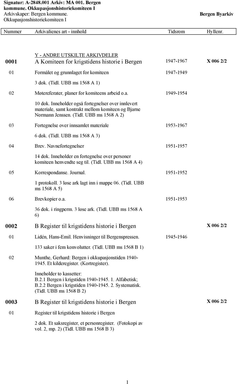 (Tidl. UBB ms 1568 A 2) 03 Fortegnelse over innsamlet materiale 1953-1967 6 dok. (Tidl. UBB ms 1568 A 3) 04 Brev. Navnefortegnelser 1951-1957 14 dok.