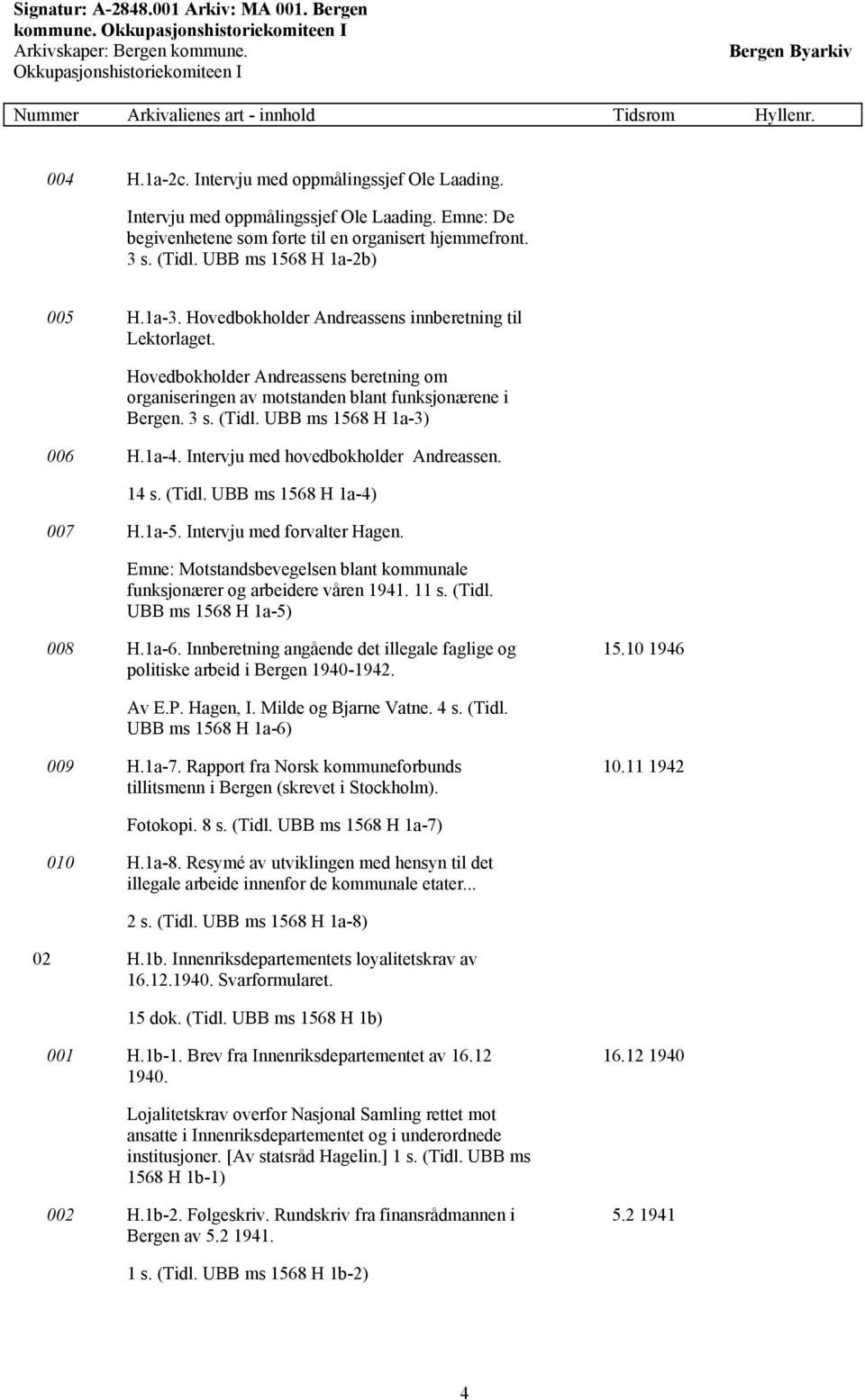 UBB ms 1568 H 1a-3) 006 H.1a-4. Intervju med hovedbokholder Andreassen. 14 s. (Tidl. UBB ms 1568 H 1a-4) 007 H.1a-5. Intervju med forvalter Hagen.