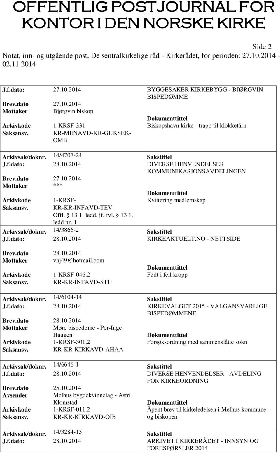 1 Arkivsak/doknr. 14/3866-2 Sakstittel J.f.dato: 28.10.2014 KIRKEAKTUELT.NO - NETTSIDE Mottaker vhj49@hotmail.com Arkivkode 1-KRSF-046.2 Født i feil kropp Saksansv. KR-KR-INFAVD-STH Arkivsak/doknr.