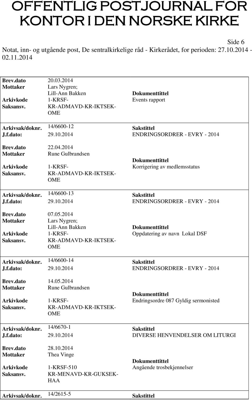 14/6600-13 Sakstittel J.f.dato: 29.10.2014 ENDRINGSORDRER - EVRY - 2014 Brev.dato 07.05.2014 Mottaker Lars Nygren; Lill-Ann Bakken Arkivkode 1-KRSF- Oppdatering av navn Lokal DSF Saksansv.