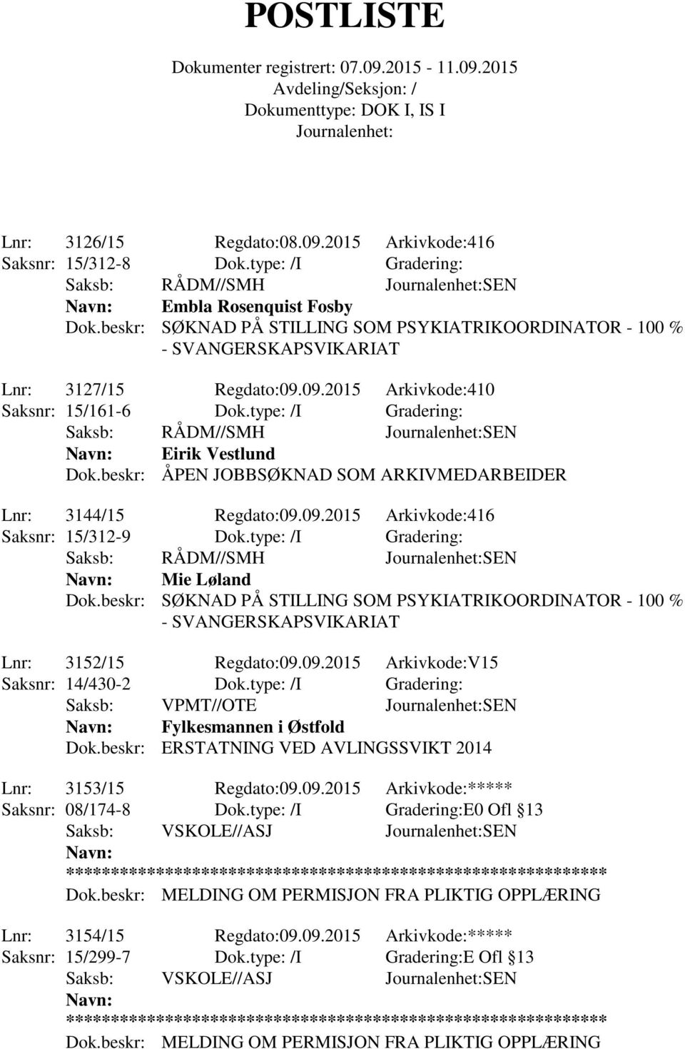 type: /I Gradering: Mie Løland Lnr: 3152/15 Regdato:09.09.2015 Arkivkode:V15 Saksnr: 14/430-2 Dok.type: /I Gradering: Saksb: VPMT//OTE SEN Fylkesmannen i Østfold Dok.