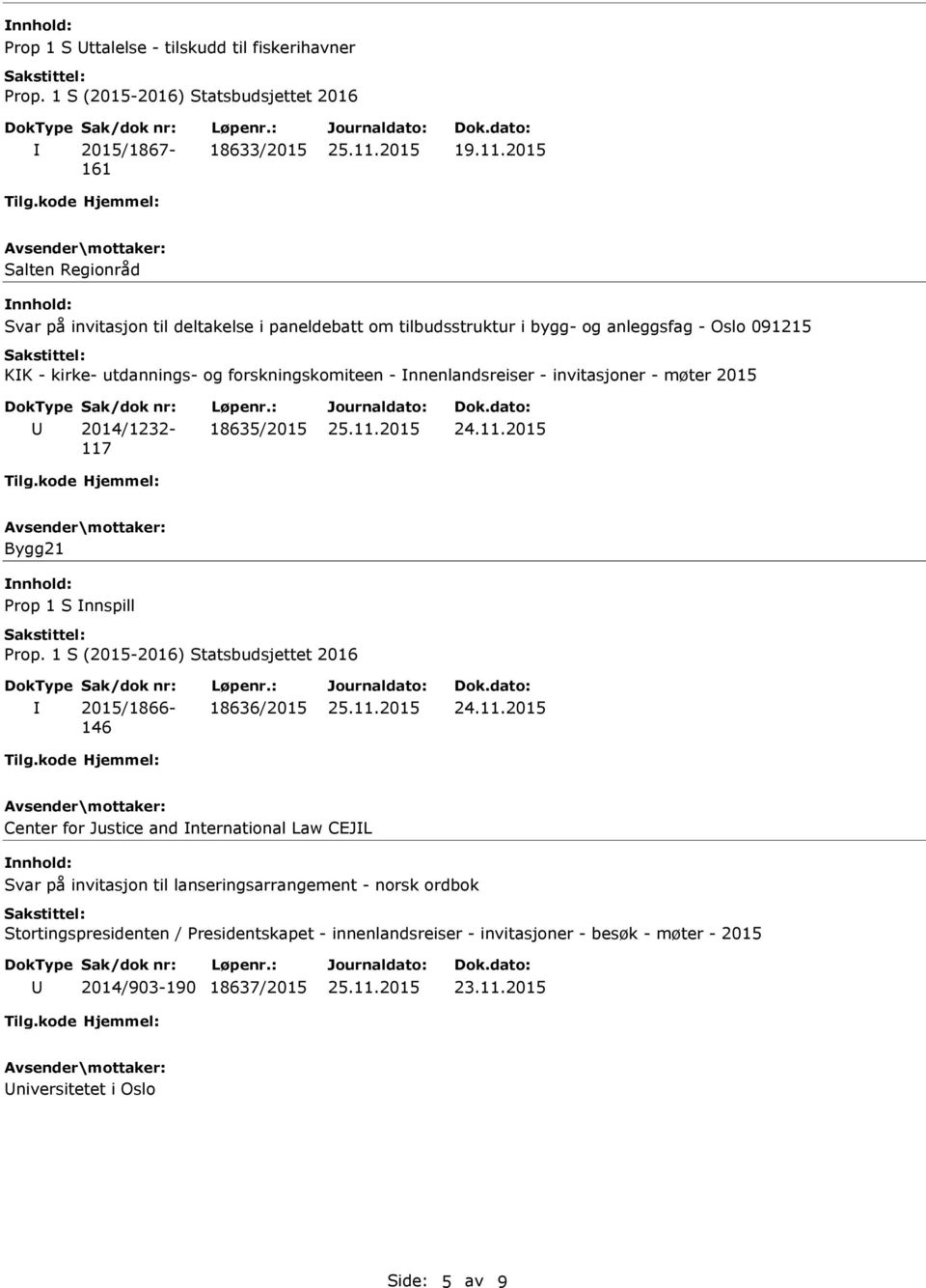 nnenlandsreiser - invitasjoner - møter 2015 2014/1232-117 18635/2015 Bygg21 Prop 1 S nnspill Prop.