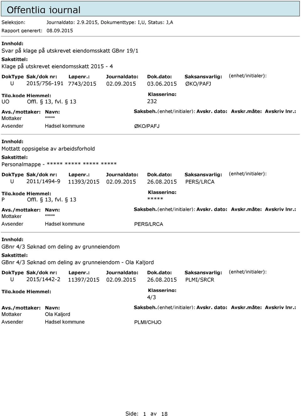 2015 O 232 Mottaker Mottatt oppsigelse av arbeidsforhold Personalmappe - 2011/1494-9 11393/2015 PERS/LRCA P Mottaker PERS/LRCA