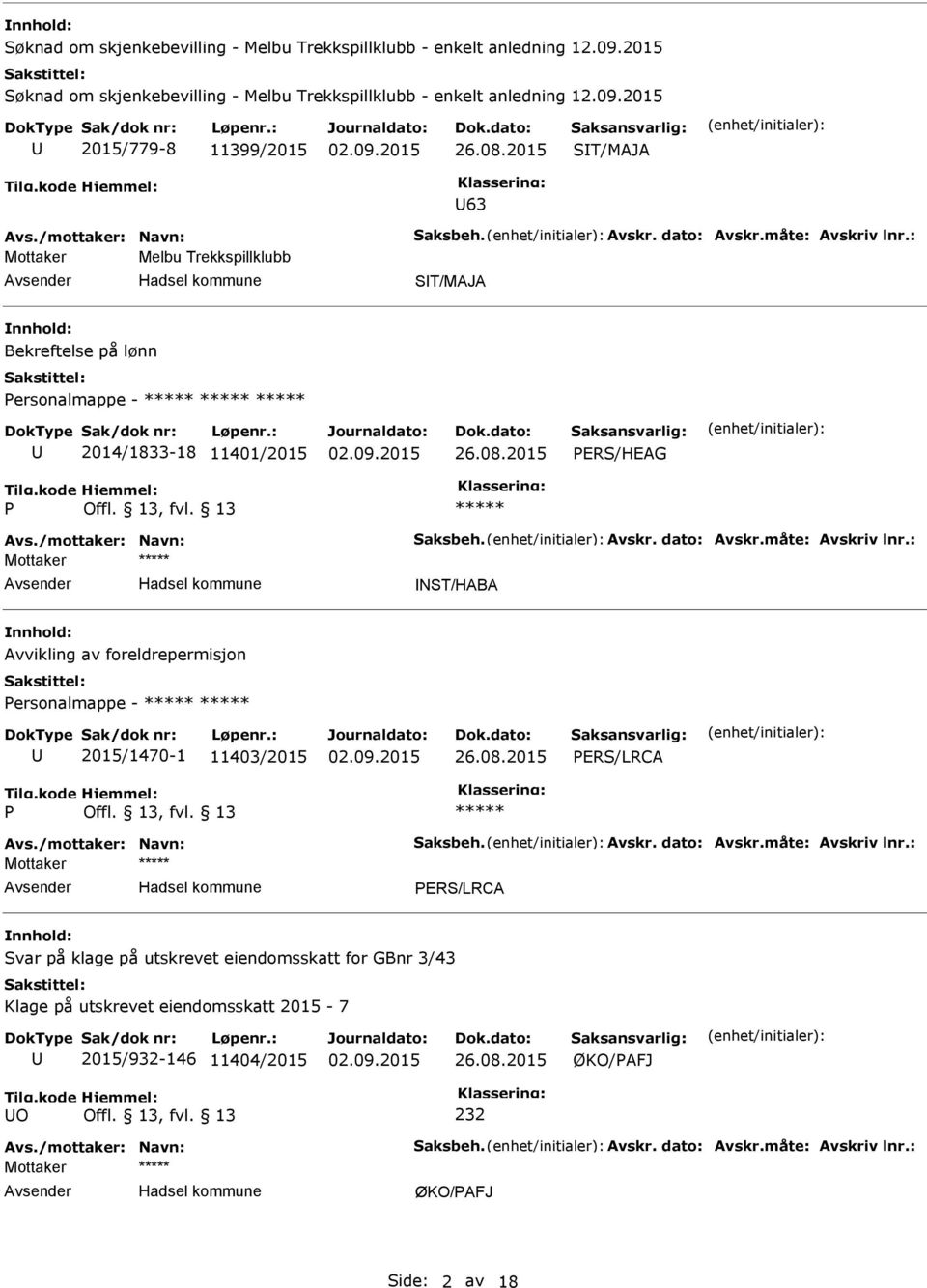 PERS/HEAG P Mottaker NST/HABA Avvikling av foreldrepermisjon Personalmappe - 2015/1470-1 11403/2015 PERS/LRCA P Mottaker PERS/LRCA Svar på