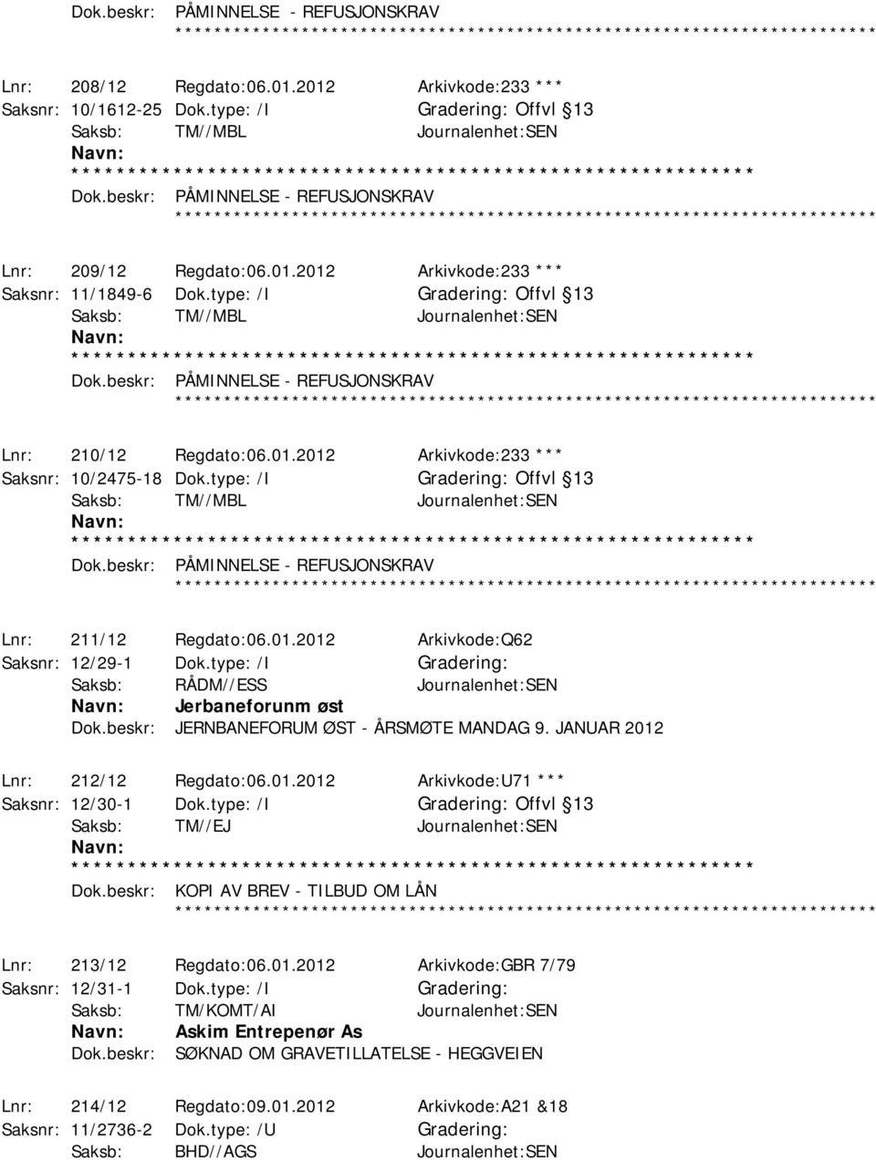 beskr: PÅMINNELSE - REFUSJONSKRAV ************ Lnr: 210/12 Regdato:06.01.2012 Arkivkode:233 *** Saksnr: 10/2475-18 Dok.type: /I Offvl 13 Saksb: TM//MBL Journalenhet:SEN Dok.