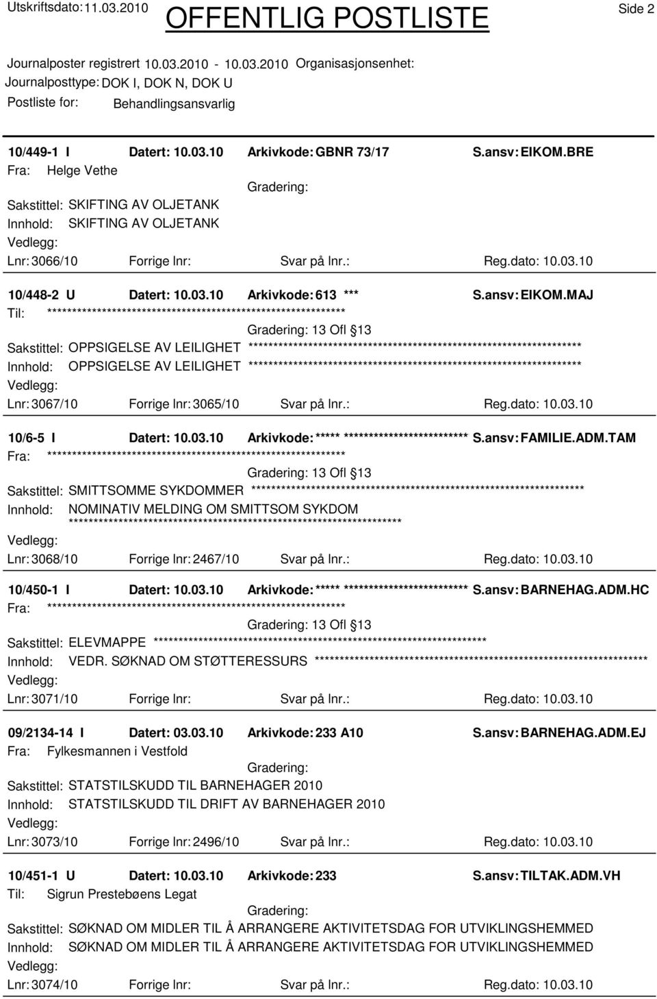 MAJ 13 Ofl 13 Sakstittel: OPPSIGELSE AV LEILIGHET Innhold: OPPSIGELSE AV LEILIGHET Lnr: 3067/10 Forrige lnr: 3065/10 Svar på lnr.: Reg.dato: 10.03.10 10/6-5 I Datert: 10.03.10 Arkivkode:***** ****************************** S.