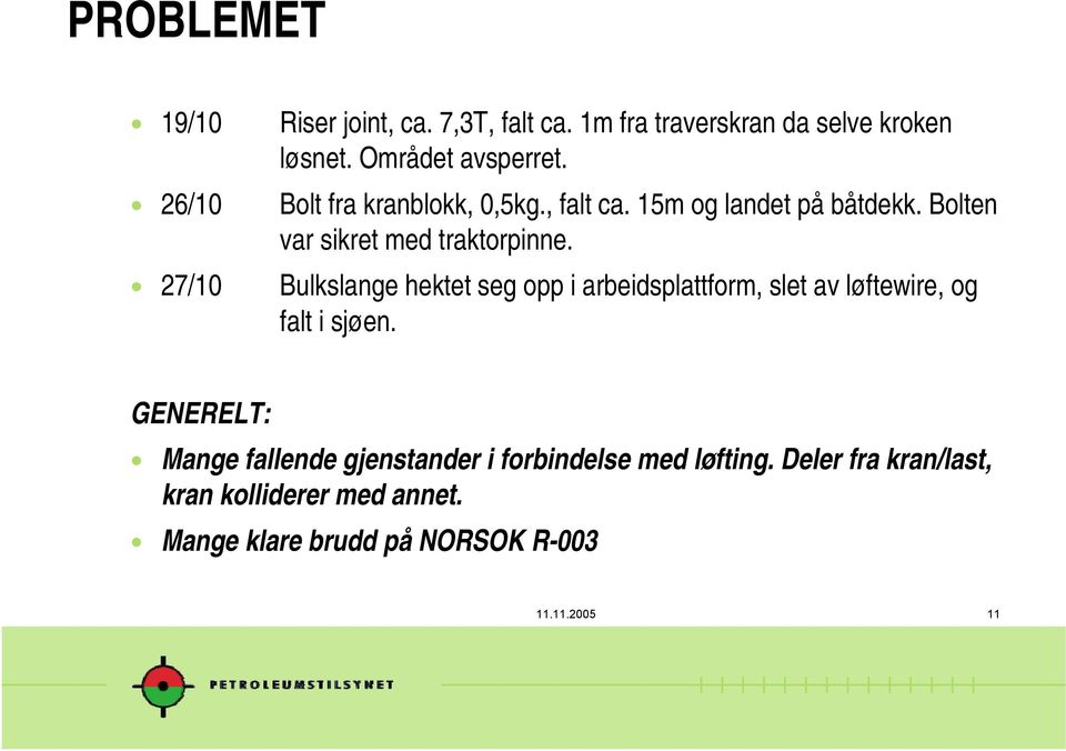 ! 27/10 Bulkslange hektet seg opp i arbeidsplattform, slet av løftewire, og falt i sjøen. GENERELT:!