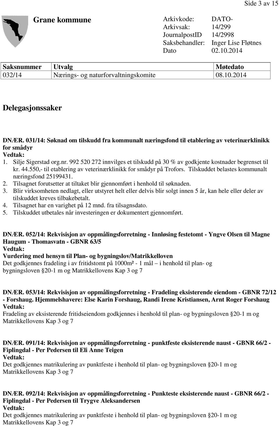 031/14: Søknad om tilskudd fra kommunalt næringsfond til etablering av veterinærklinikk for smådyr 1. Silje Sigerstad org.nr.