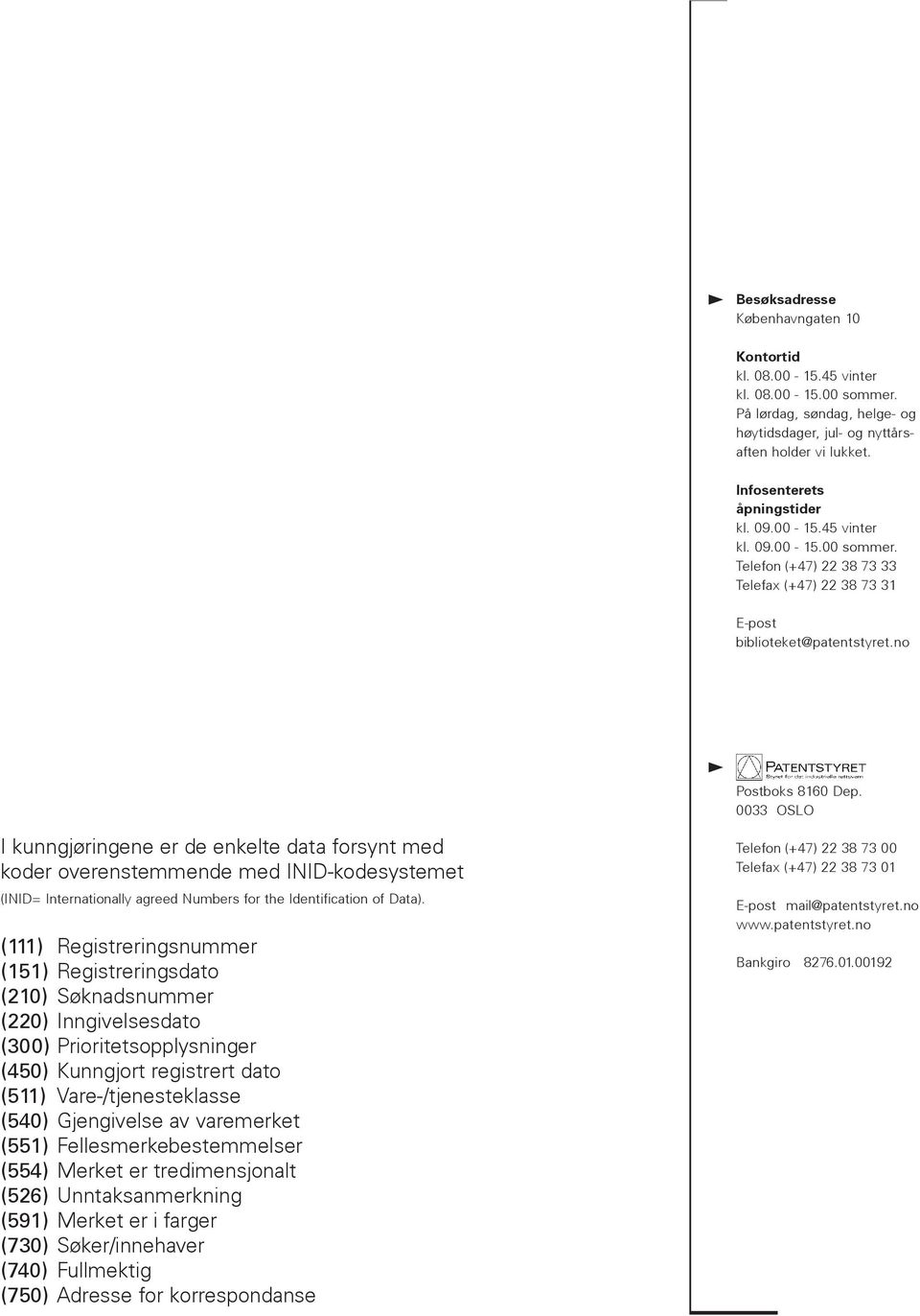 0033 OSLO I kunngjøringene er de enkelte data forsynt med koder overenstemmende med INID-kodesystemet (INID= Internationally agreed Numbers for the Identification of Data).