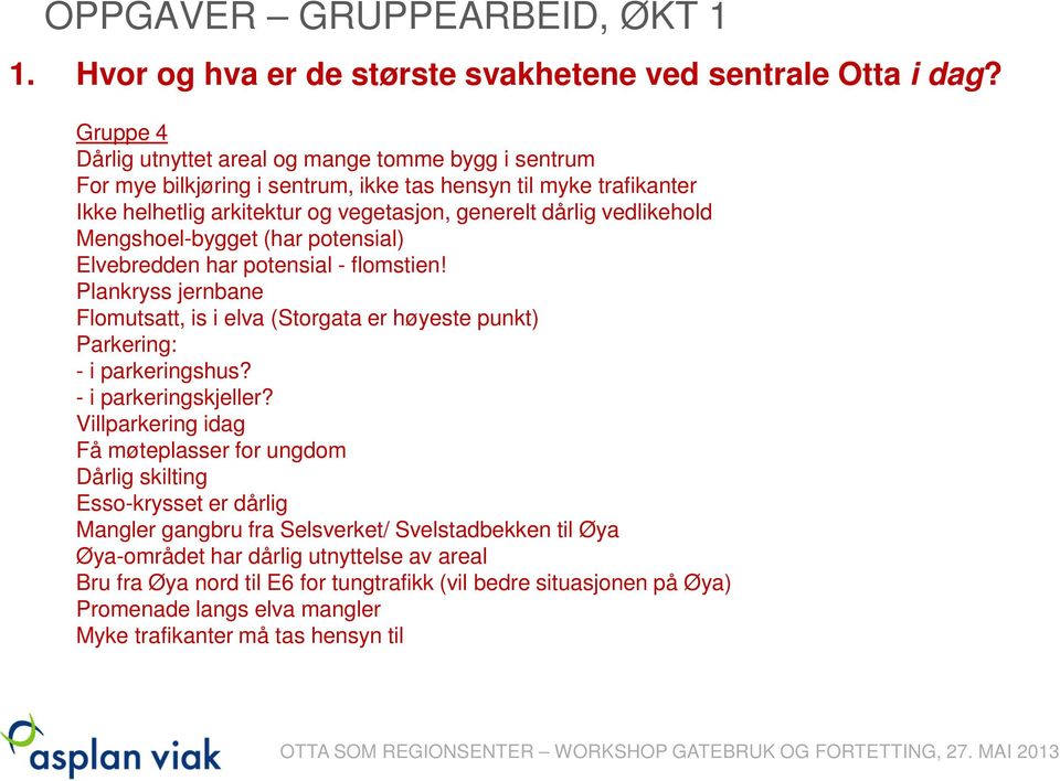 Mengshoel-bygget (har potensial) Elvebredden har potensial - flomstien! Plankryss jernbane Flomutsatt, is i elva (Storgata er høyeste punkt) Parkering: - i parkeringshus? - i parkeringskjeller?