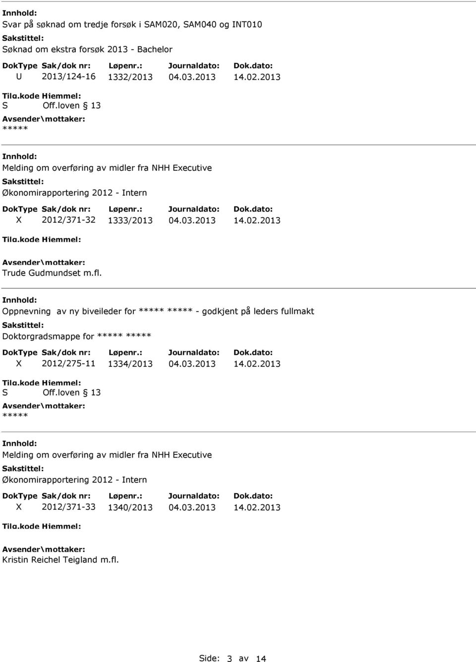 Oppnevning av ny biveileder for - godkjent på leders fullmakt Doktorgradsmappe for X 2012/275-11 1334/2013 Melding om