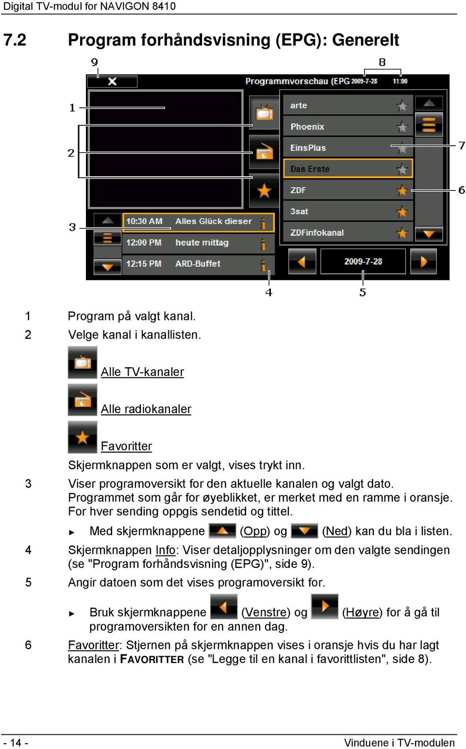 Med skjermknappene (Opp) og (Ned) kan du bla i listen. 4 Skjermknappen Info: Viser detaljopplysninger om den valgte sendingen (se "Program forhåndsvisning (EPG)", side 9).