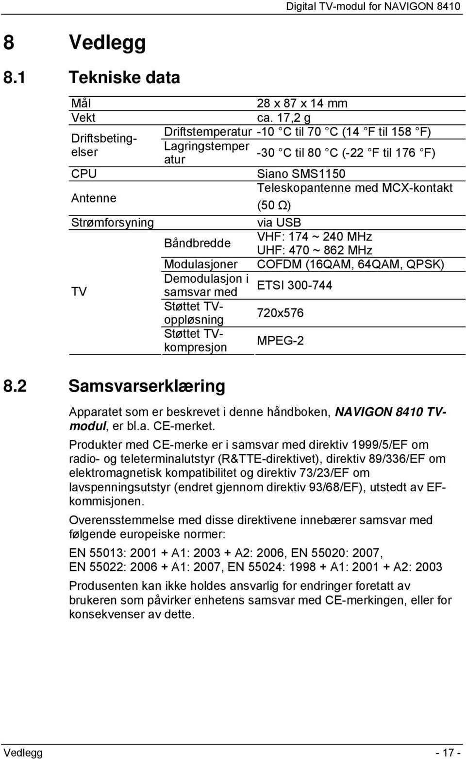 Strømforsyning via USB Båndbredde VHF: 174 ~ 240 MHz UHF: 470 ~ 862 MHz Modulasjoner COFDM (16QAM, 64QAM, QPSK) TV Demodulasjon i ETSI 300-744 samsvar med Støttet TVoppløsning 720x576 Støttet