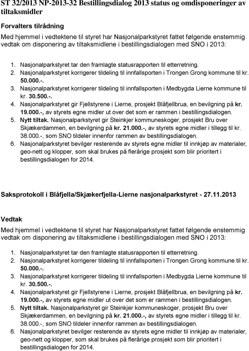 50.000.-. 3. Nasjonalparkstyret korrigerer tildeling til innfallsporten i Medbygda Lierne kommune til kr. 30.500.-. 4.