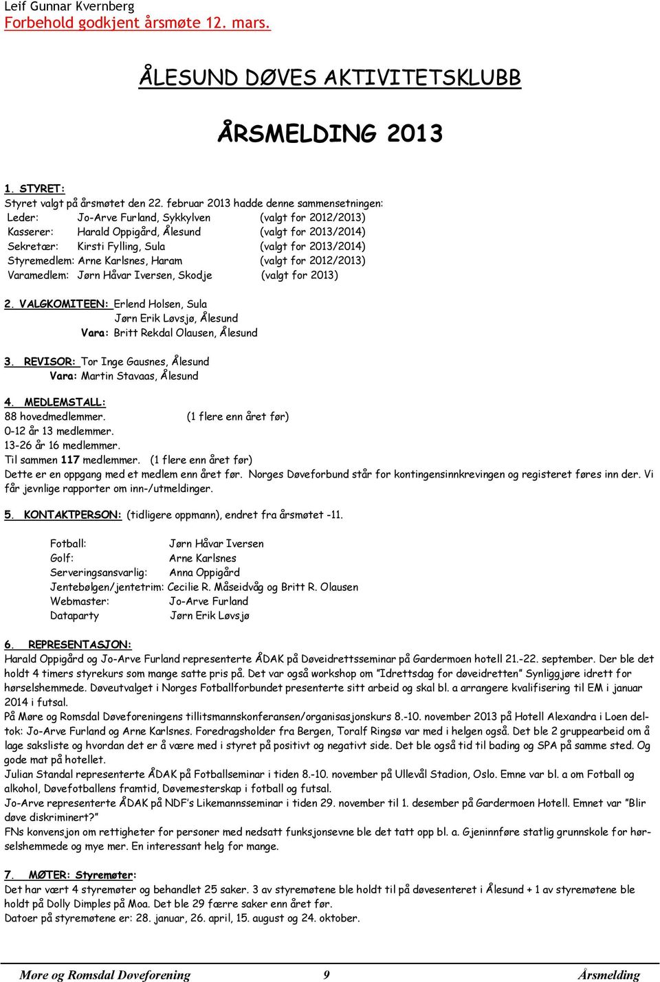 2013/2014) Styremedlem: Arne Karlsnes, Haram (valgt for 2012/2013) Varamedlem: Jørn Håvar Iversen, Skodje (valgt for 2013) 2.