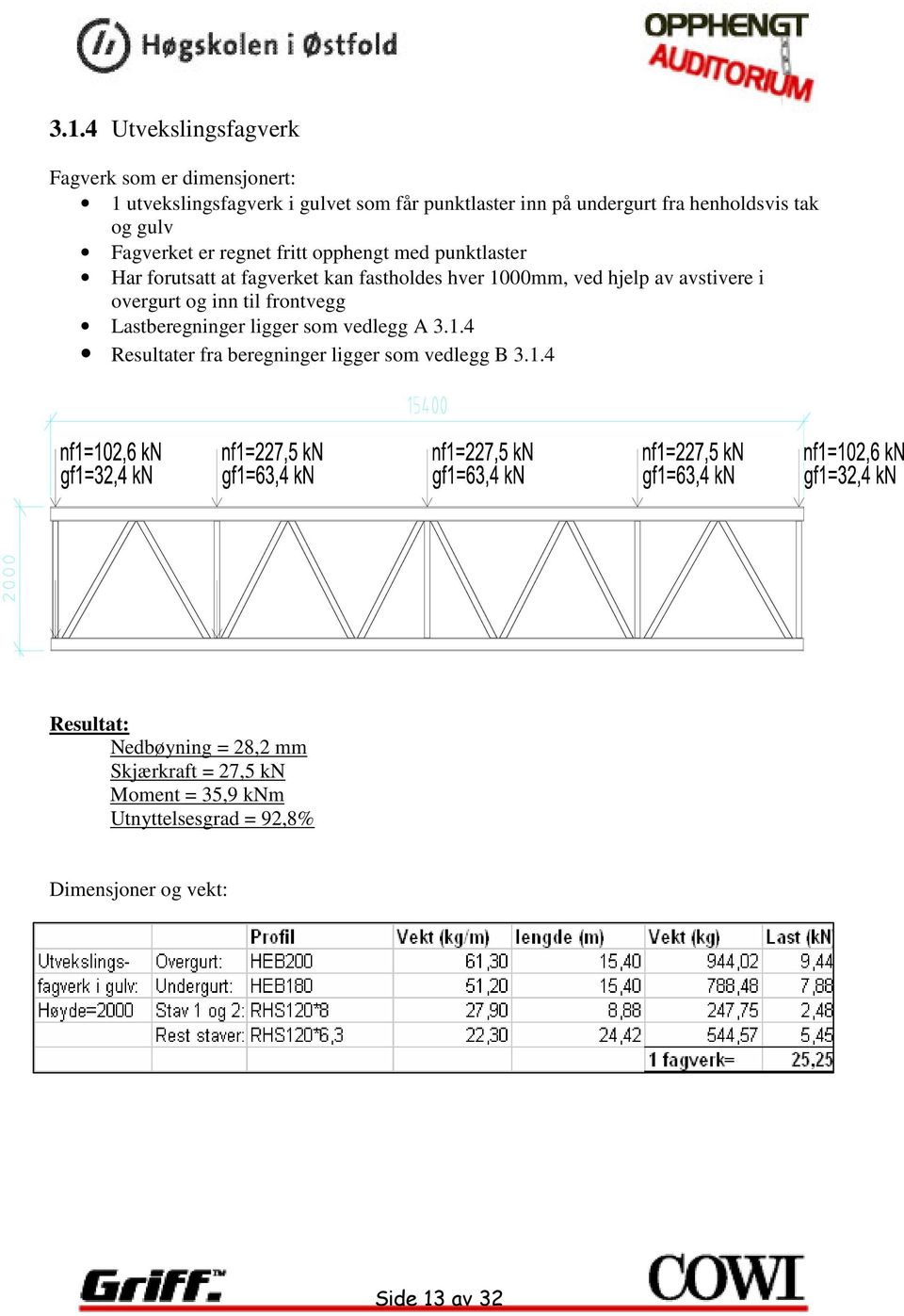 hjelp av avstivere i overgurt og inn til frontvegg Lastberegninger ligger som vedlegg A 3.1.