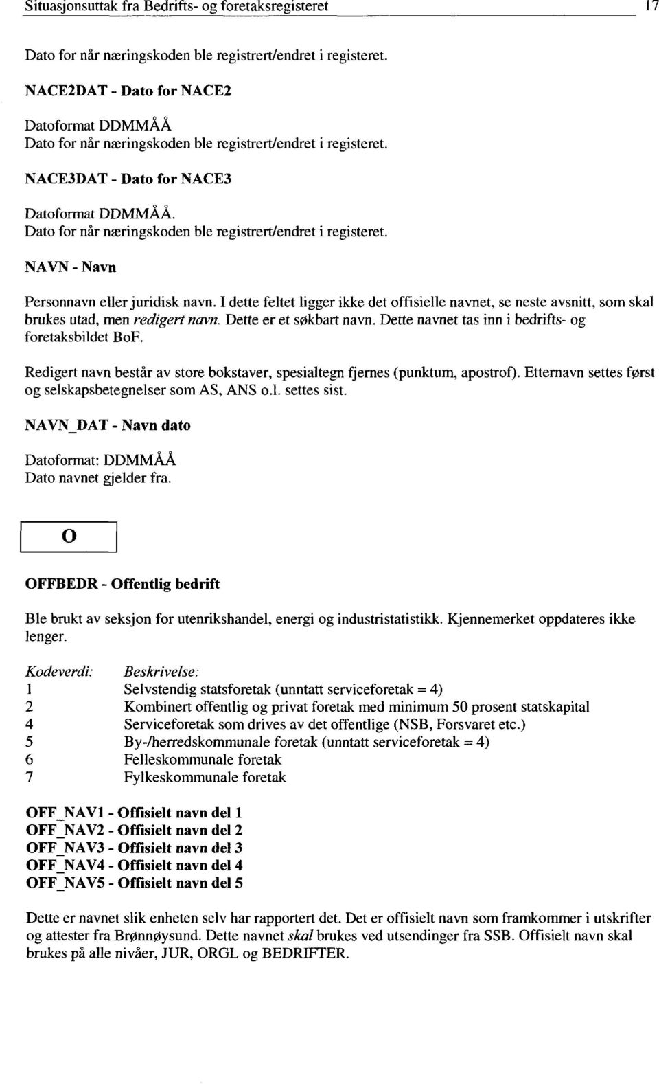 Dato for når næringskoden ble registrert/endret i registeret. NAVN - Navn Personnavn eller juridisk navn.