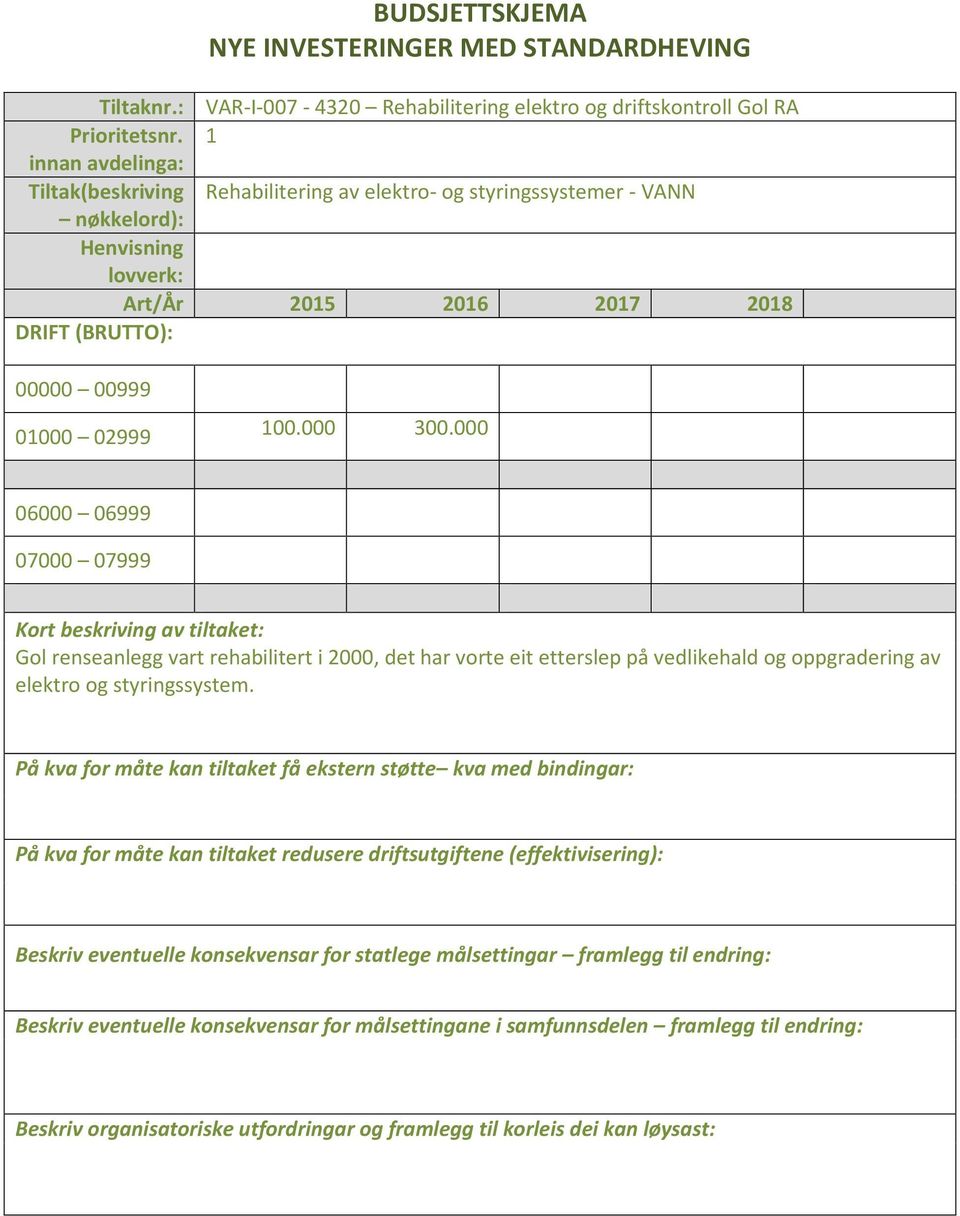 000 07000 07999 Gol renseanlegg vart rehabilitert i 2000, det har vorte eit etterslep på vedlikehald og oppgradering av elektro og styringssystem.