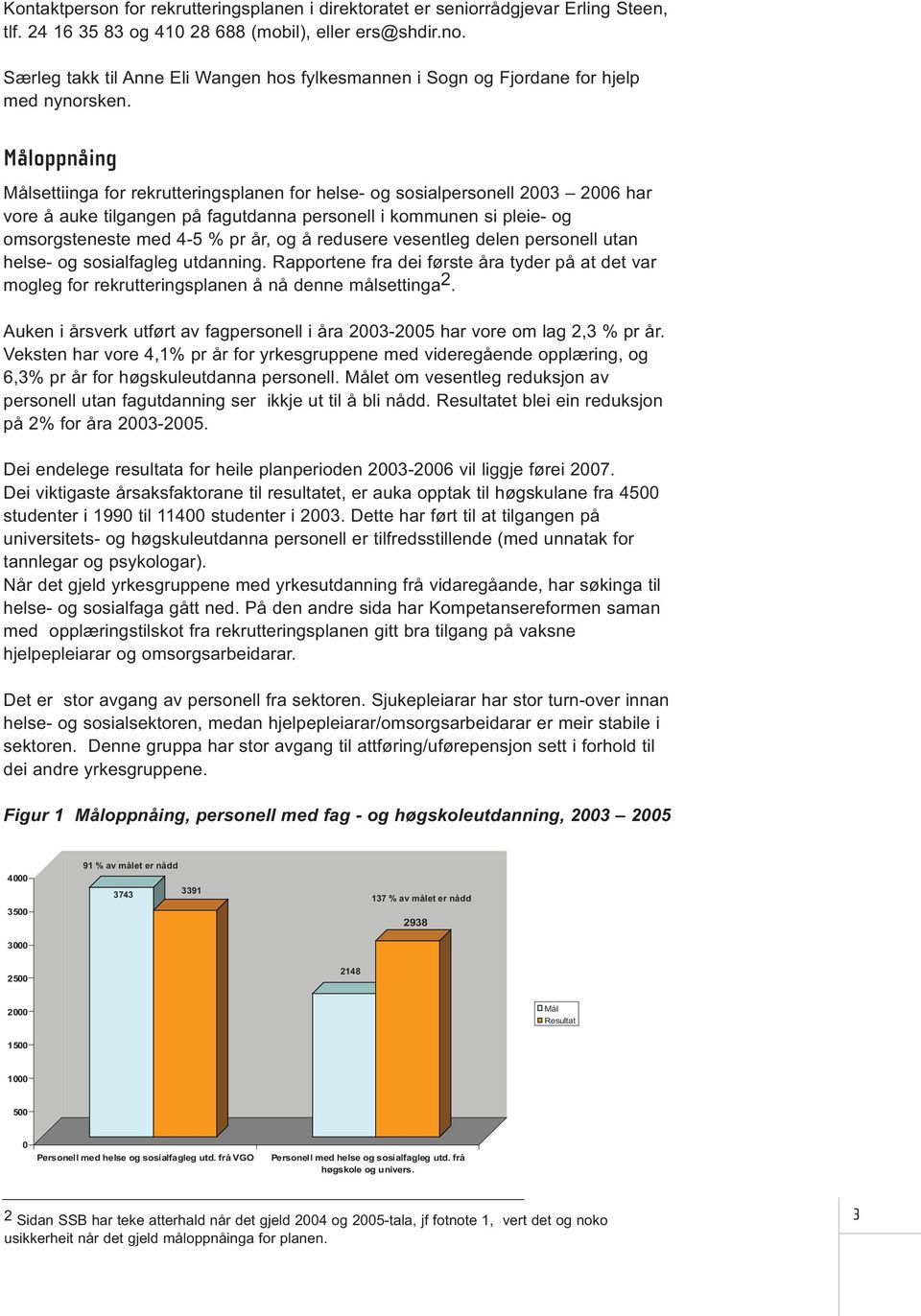 Måloppnåing Målsettiinga for rekrutteringsplanen for helse- og sosialpersonell 2003 2006 har vore å auke tilgangen på fagutdanna personell i kommunen si pleie- og omsorgsteneste med 4-5 % pr år, og å