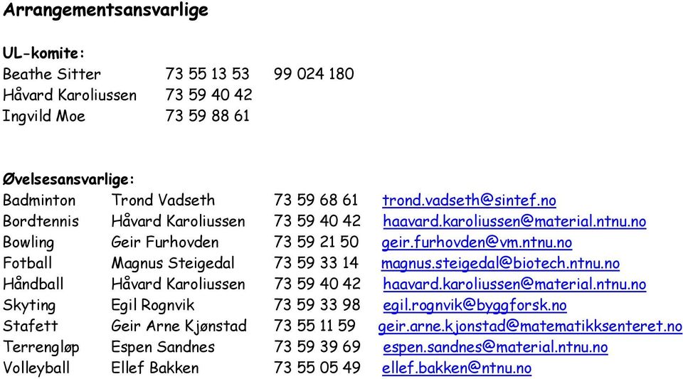 steigedal@biotech.ntnu.no Håndball Håvard Karoliussen 73 59 40 42 haavard.karoliussen@material.ntnu.no Skyting Egil Rognvik 73 59 33 98 egil.rognvik@byggforsk.