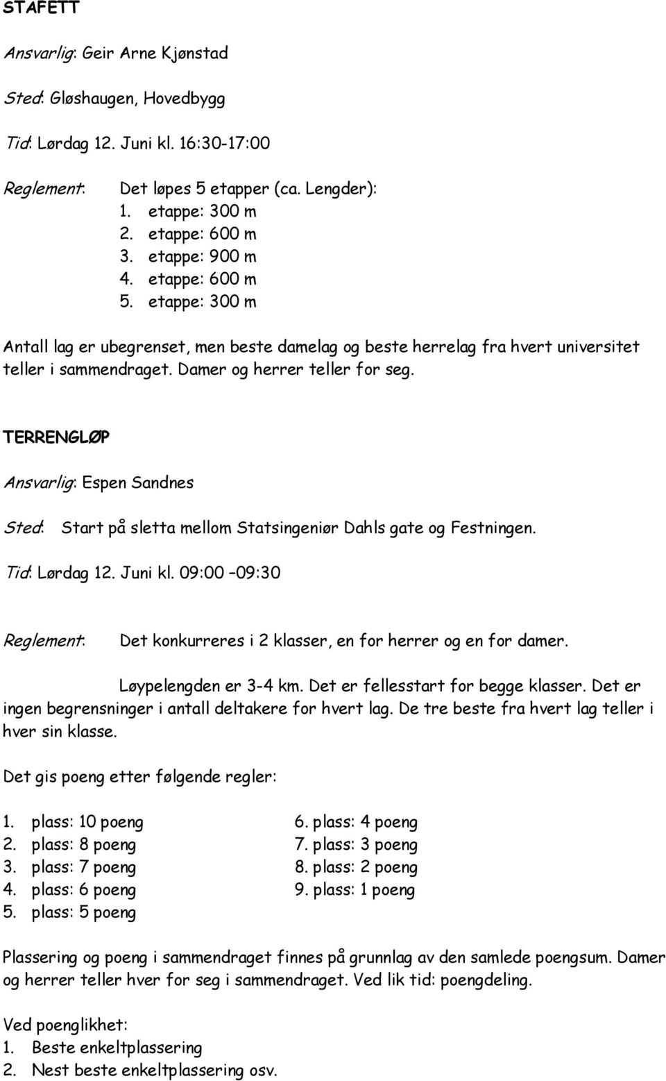 TERRENGLØP Ansvarlig: Espen Sandnes Sted: Start på sletta mellom Statsingeniør Dahls gate og Festningen. Tid: Lørdag 12. Juni kl.