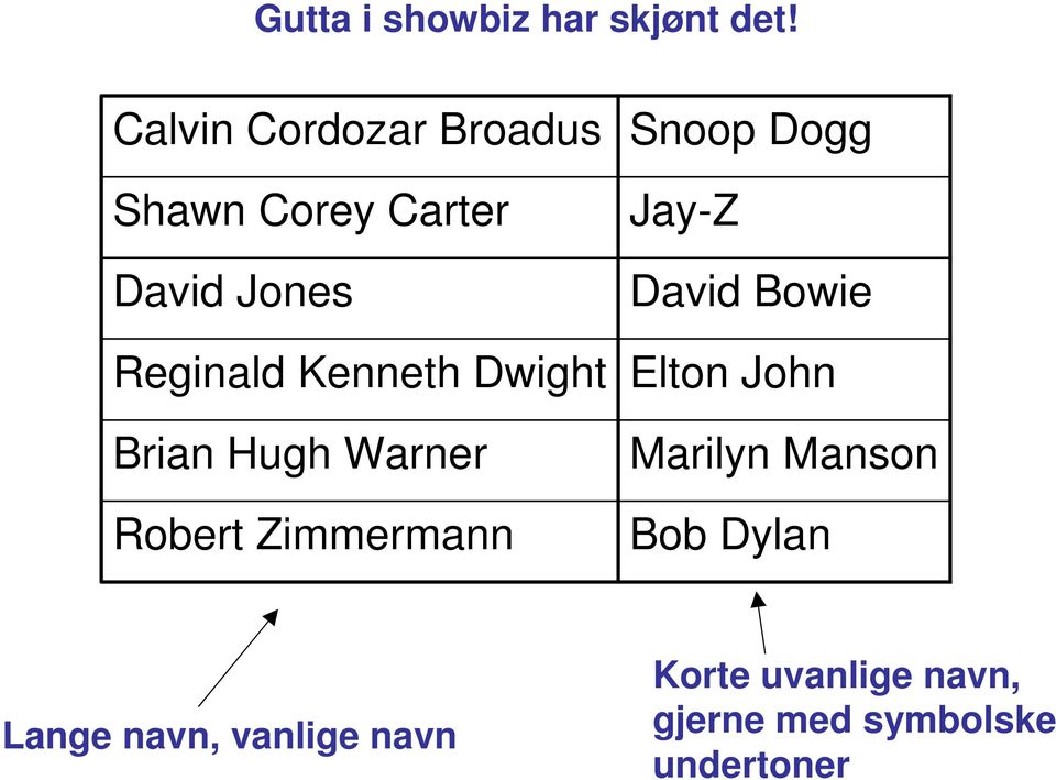 Dwight Brian Hugh Warner Robert Zimmermann Snoop Dogg Jay-Z David Bowie