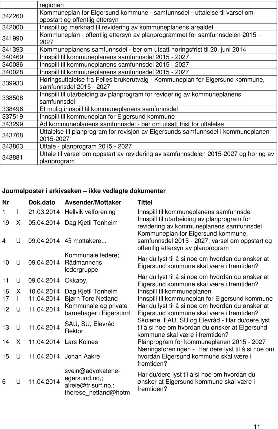 juni 2014 340469 Innspill til kommuneplanens samfunnsdel 2015-2027 340086 Innspill til kommuneplanens samfunnsdel 2015-2027 340028 Innspill til kommuneplanens samfunnsdel 2015-2027 339933