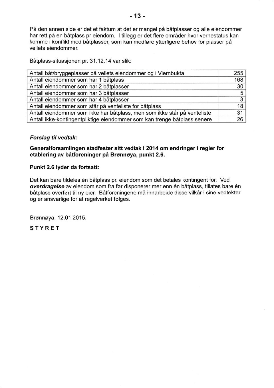 14 var slik: Antall båubrvqqeplasser på vellets eiendommer oq iviernbukta 255 Antall eiendommer som har 1 båtplass 168 Antall eiendommer som har 2 båtplasser 30 Antall eiendommer som har 3 båtplasser