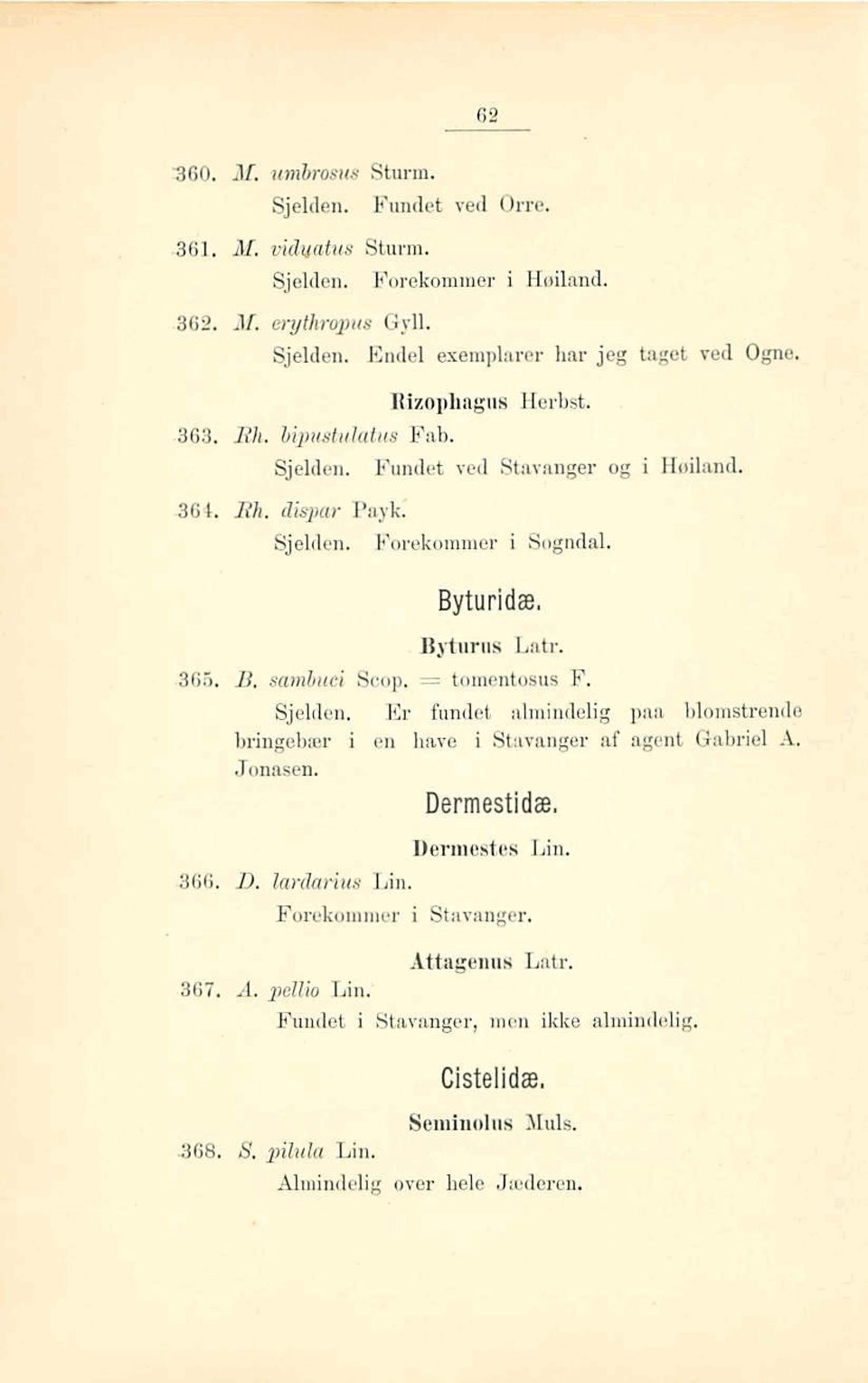 Forekommer i Sogndal. Bj-turris Latr. 366. B. $and$ici Scup. = tcimentosus F. Sjelden. Er frindet idmi ndeiiig pna blainstrenda bringobmr i en ham i Stuvanger af agent Gabriel h.