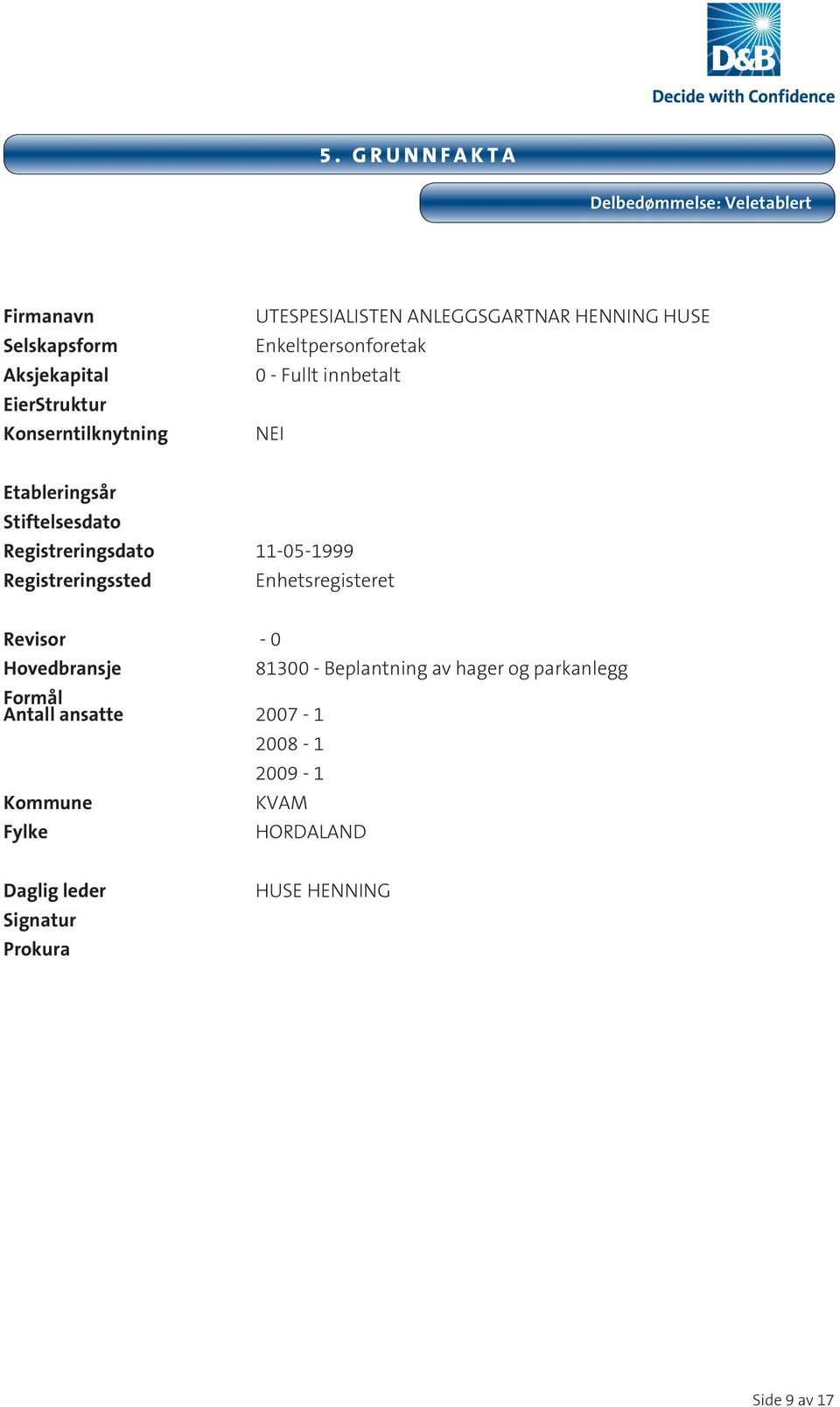 Registreringsdato 11-05-1999 Registreringssted Enhetsregisteret Revisor - 0 Hovedbransje Formål Antall ansatte 2007-1