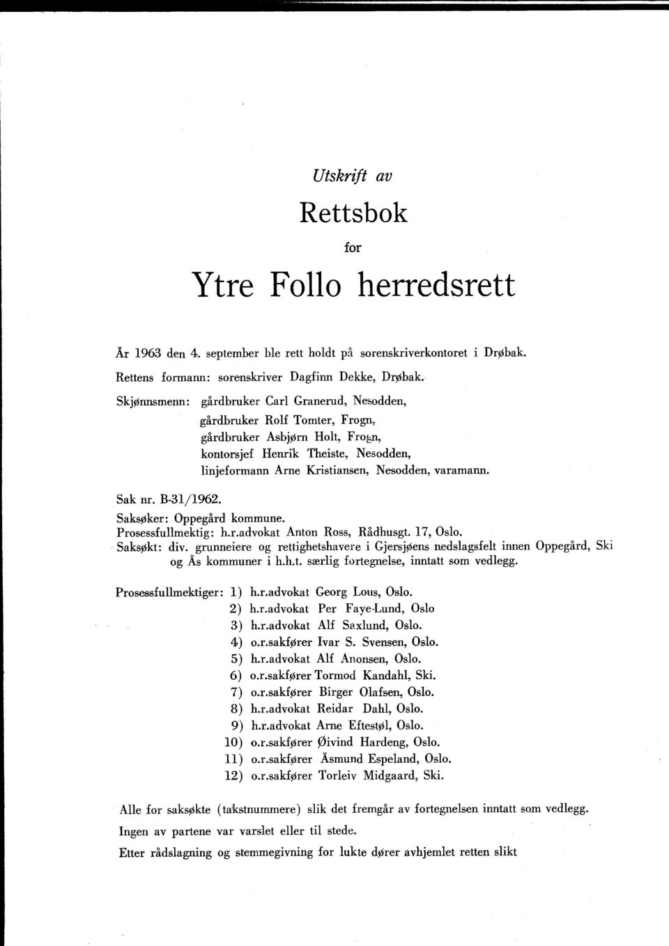 gårdbruker Rolf Tomter, Frogn, gårdbruker Asbjø- Holt, Frogn, kontorsjef Henrik Theiste, Nesodden, linjeformann Arne Kristiansen, Nesodden, varamann. SaksPker: Oppegård kommune. Prosessfullmektig: h.