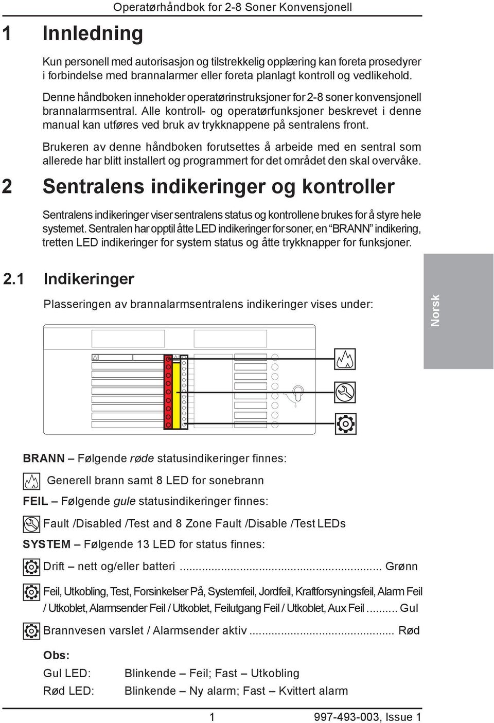 Alle kontroll- og operatørfunksjoner beskrevet i denne manual kan utføres ved bruk av trykknappene på sentralens front.