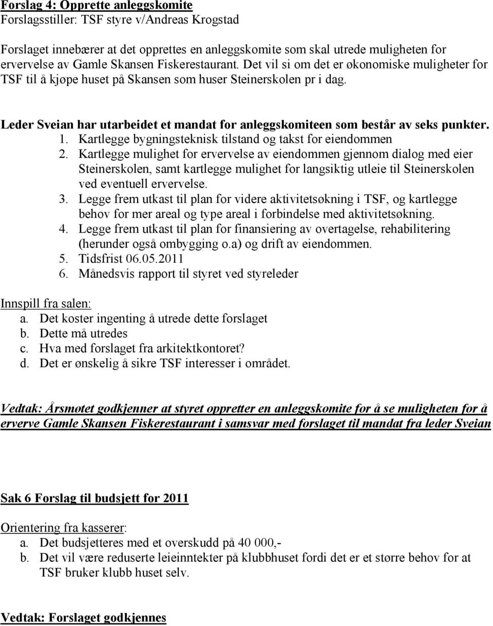 Leder Sveian har utarbeidet et mandat for anleggskomiteen som består av seks punkter. 1. Kartlegge bygningsteknisk tilstand og takst for eiendommen 2.