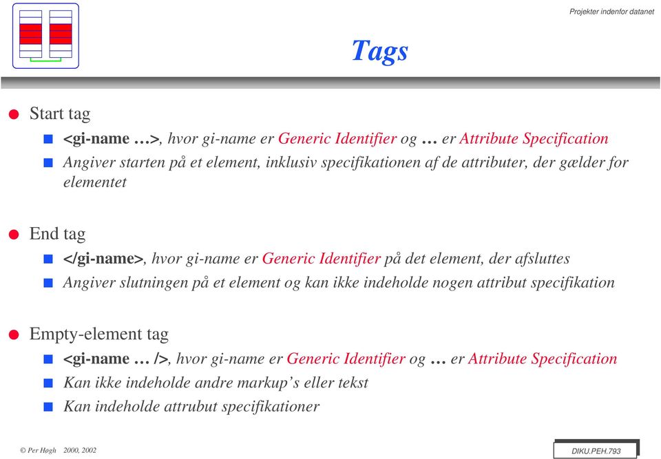 afsluttes Angiver slutningen på et element og kan ikke indeholde nogen attribut specifikation Empty-element tag <gi-name />, hvor gi-name
