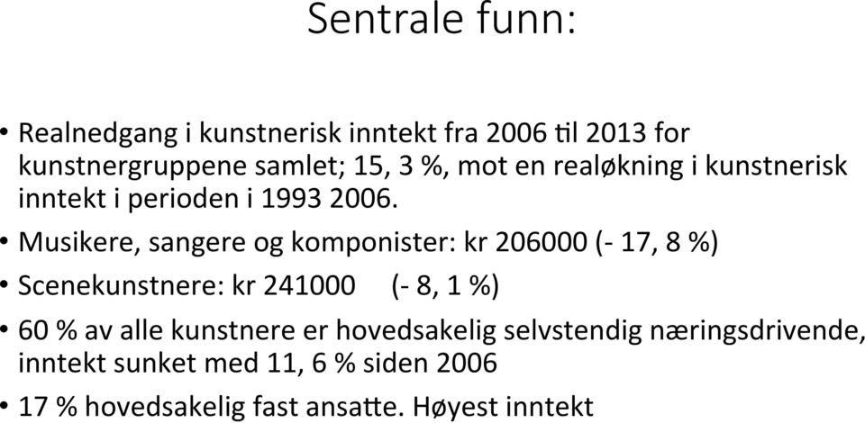 Musikere, sangere og komponister: kr 206000 (- 17, 8 %) Scenekunstnere: kr 241000 (- 8, 1 %) 60 % av