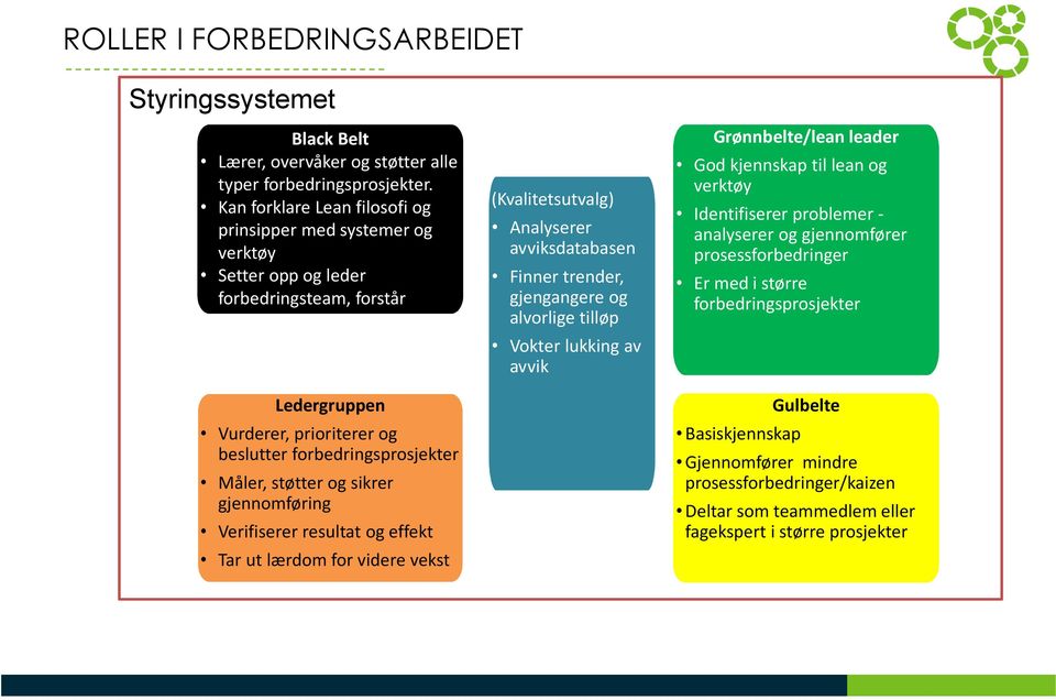 beslutter forbedringsprosjekter Måler, støtter og sikrer gjennomføring Verifiserer resultat og effekt Tar ut lærdom for videre vekst (Kvalitetsutvalg) Analyserer avviksdatabasen Finner trender,